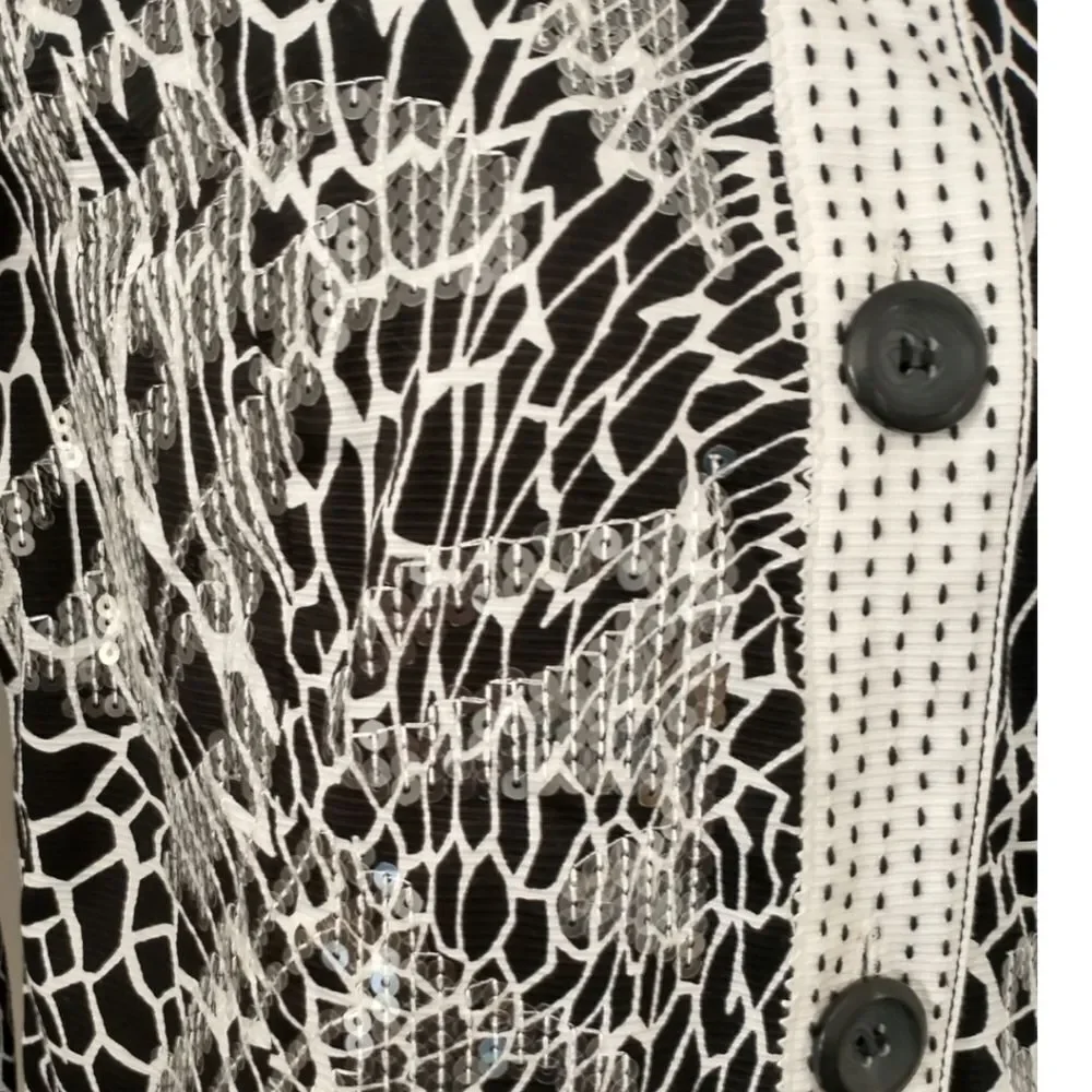 Chicos Floral Sequin Jacket S White Black Embellished 3/4 Sleeve Button‎ Front